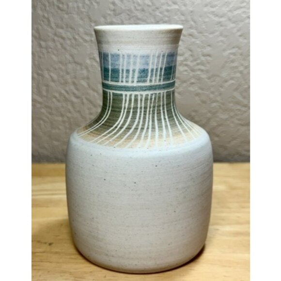 Art Pottery Vase Neutral Abstract Zen Minimalist MCM Blue Green Gold 5.25” - Picture 2 of 10